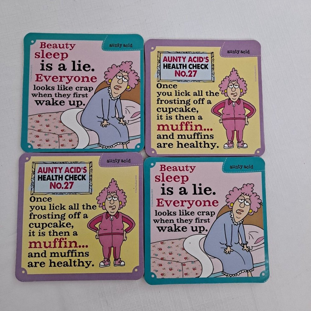 Aunty Acids Health Check Funny Novelty Cork Drink Coasters Vintage 4 Piece